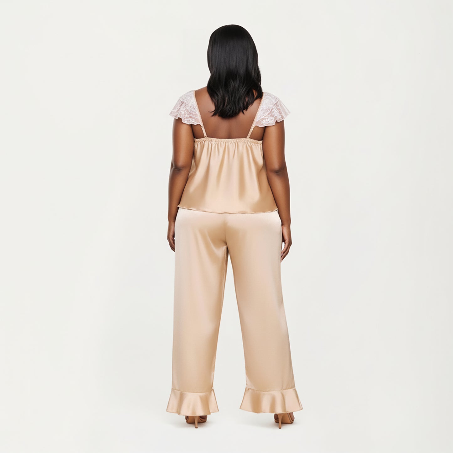 PLus Size 2-Piece Set Satin Lace Trim Sleep Top and Wide Leg Pants with Soft Draping Silhouette