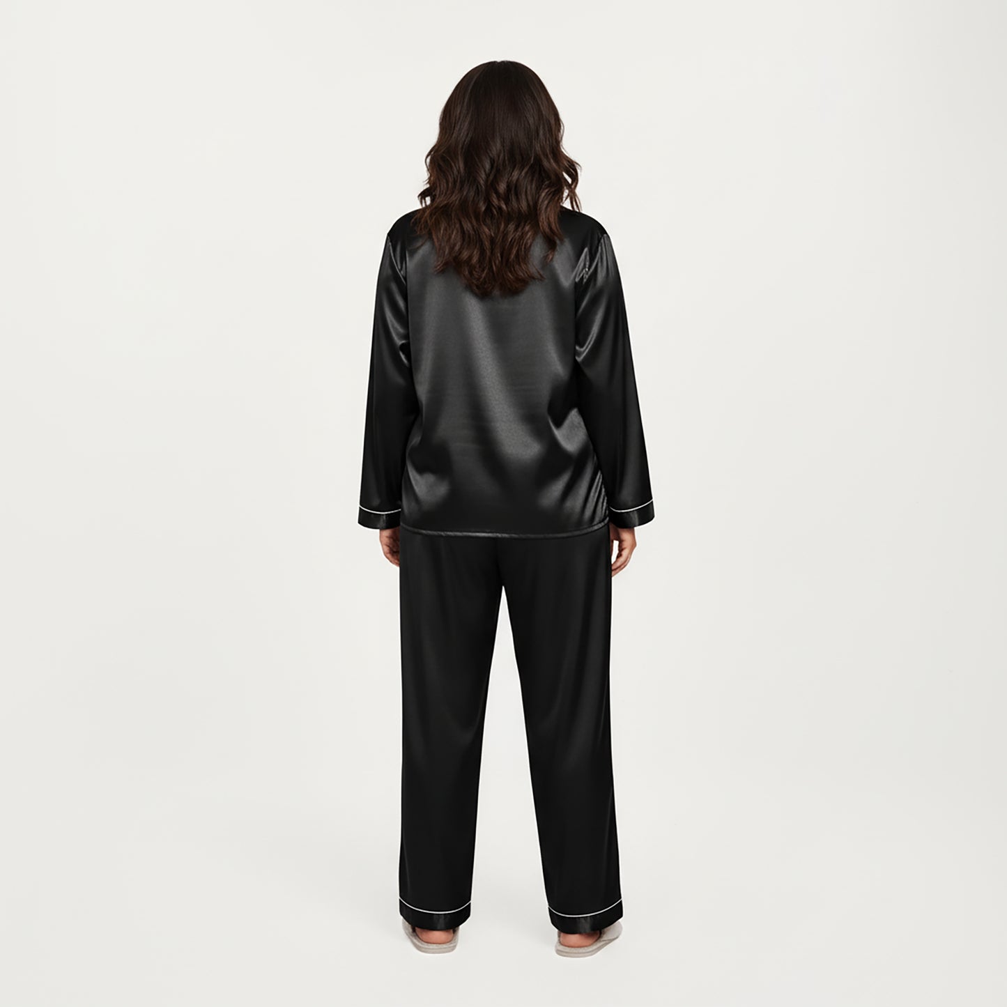 PLus Size 2-Piece Set Satin Button-Up Pajama Top and Relaxed Fit Pants with Contrast Piping Trim
