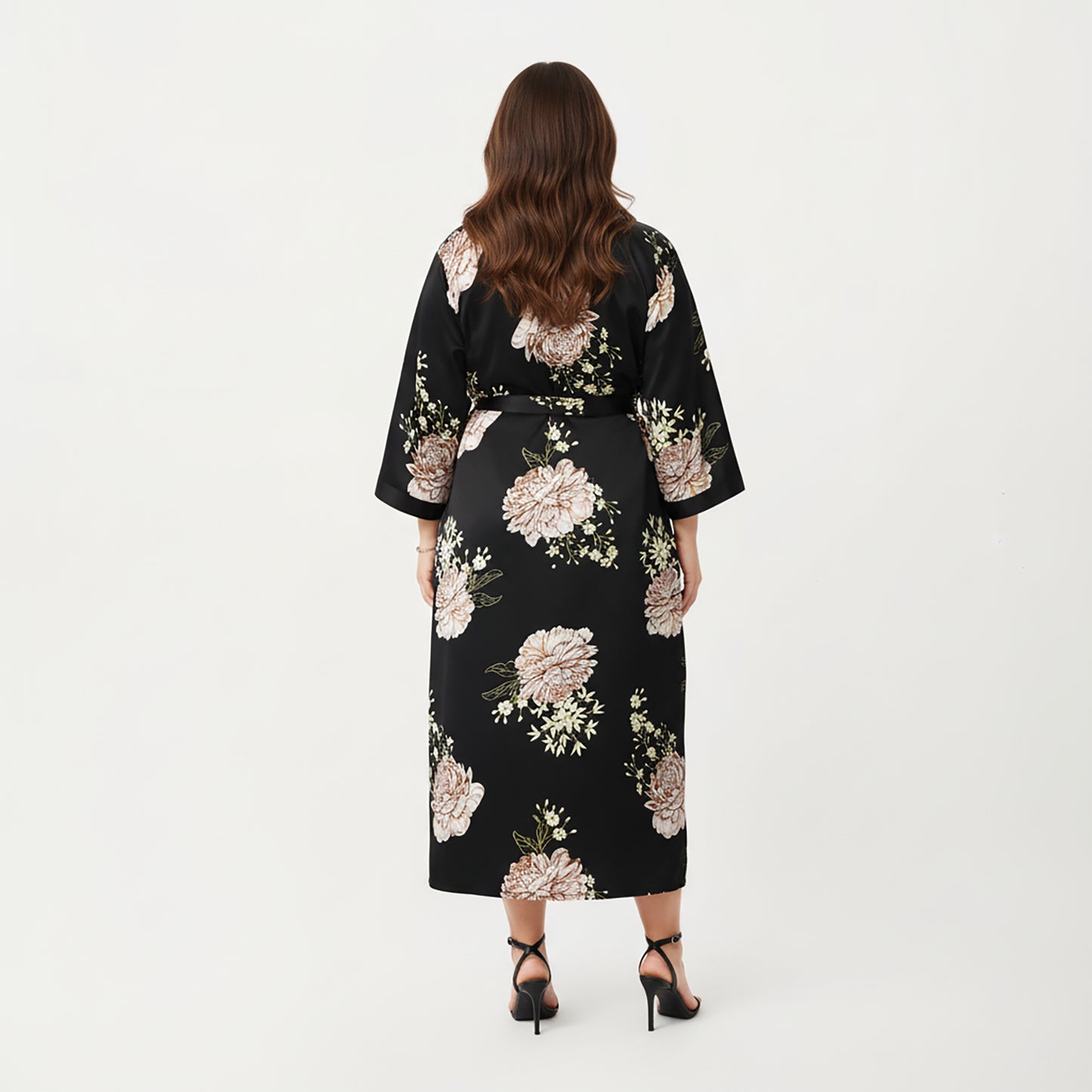 PLus Size Floral Satin Long Robe with Contrast Trim, Wrap Front Silhouette and Waist Tie Belt