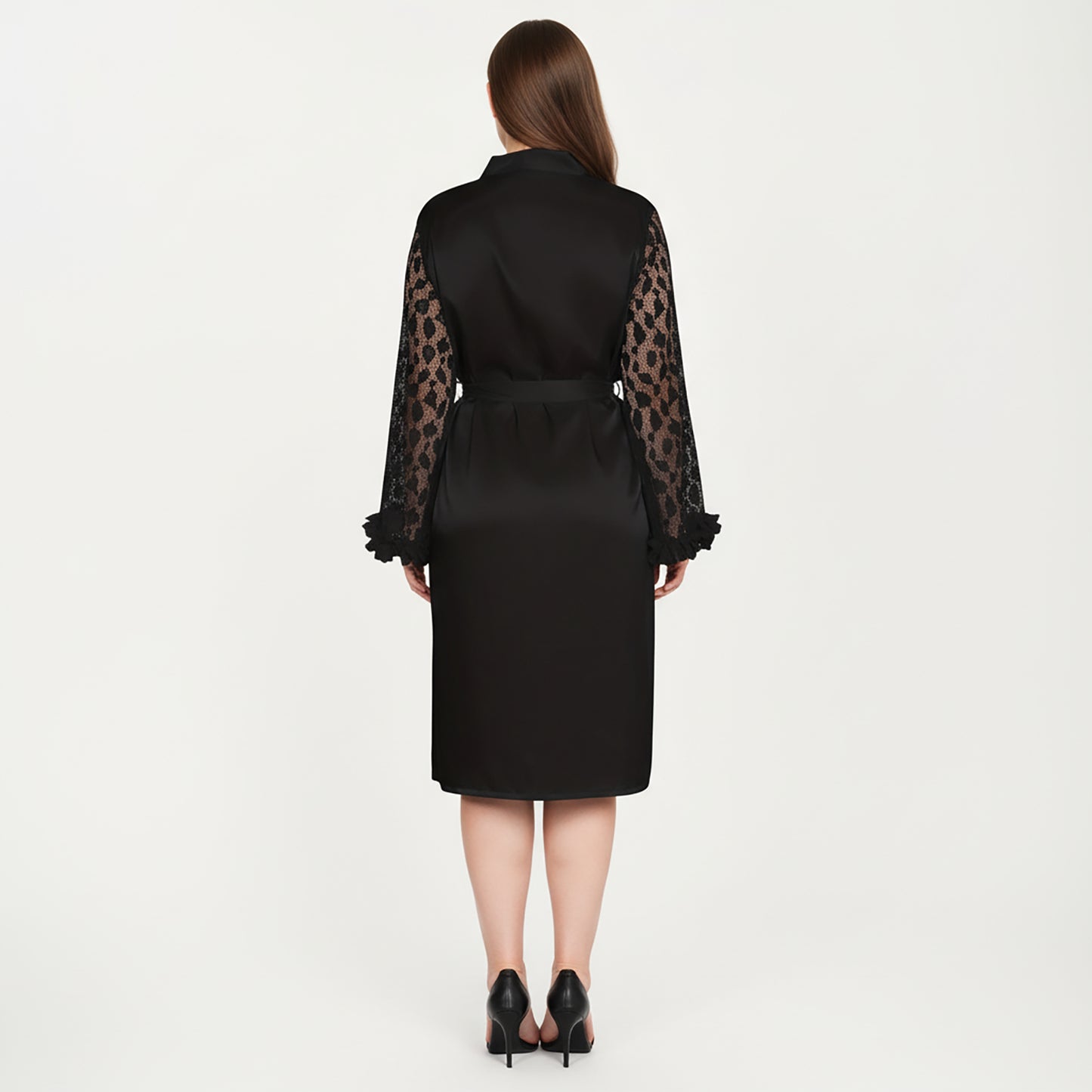 PLus Size Satin Robe with Sheer Floral Lace Sleeves, Ruffled Cuffs, and Adjustable Waist Tie