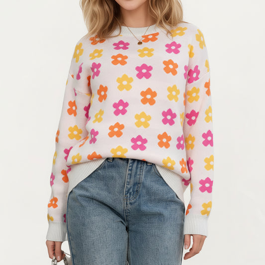 Flower Pattern Knit Sweater with Long Sleeves, Soft Textured Feel and Comfortable Relaxed Everyday Fit