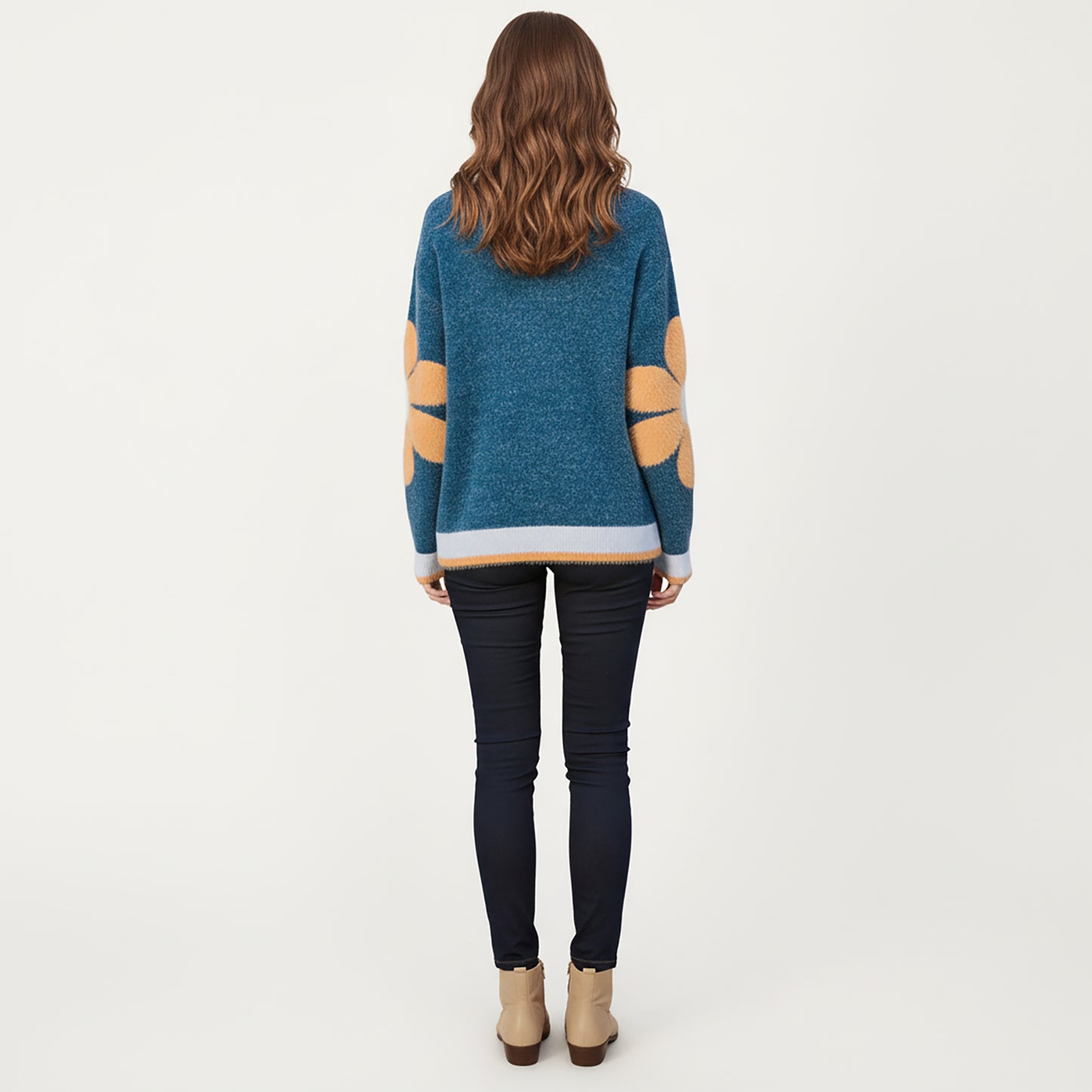 Large Floral Graphic Pattern Fuzzy Knit Sweater with Soft Textured Feel Ribbed Crew Neckline and Relaxed Fit