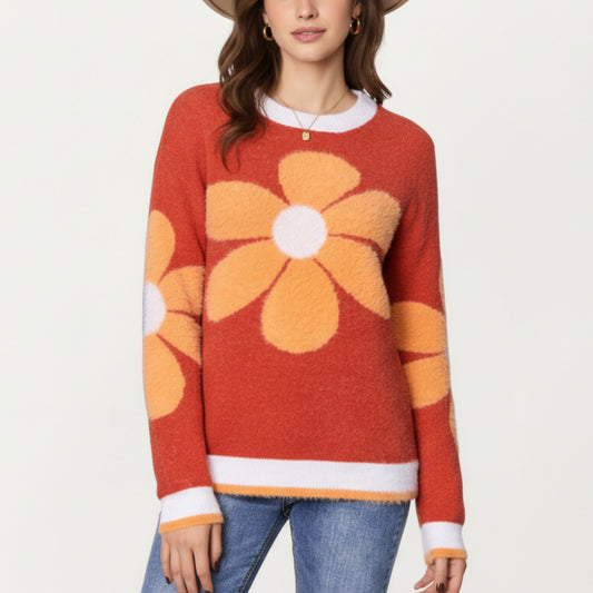 Large Floral Graphic Pattern Fuzzy Knit Sweater with Soft Textured Feel Ribbed Crew Neckline and Relaxed Fit