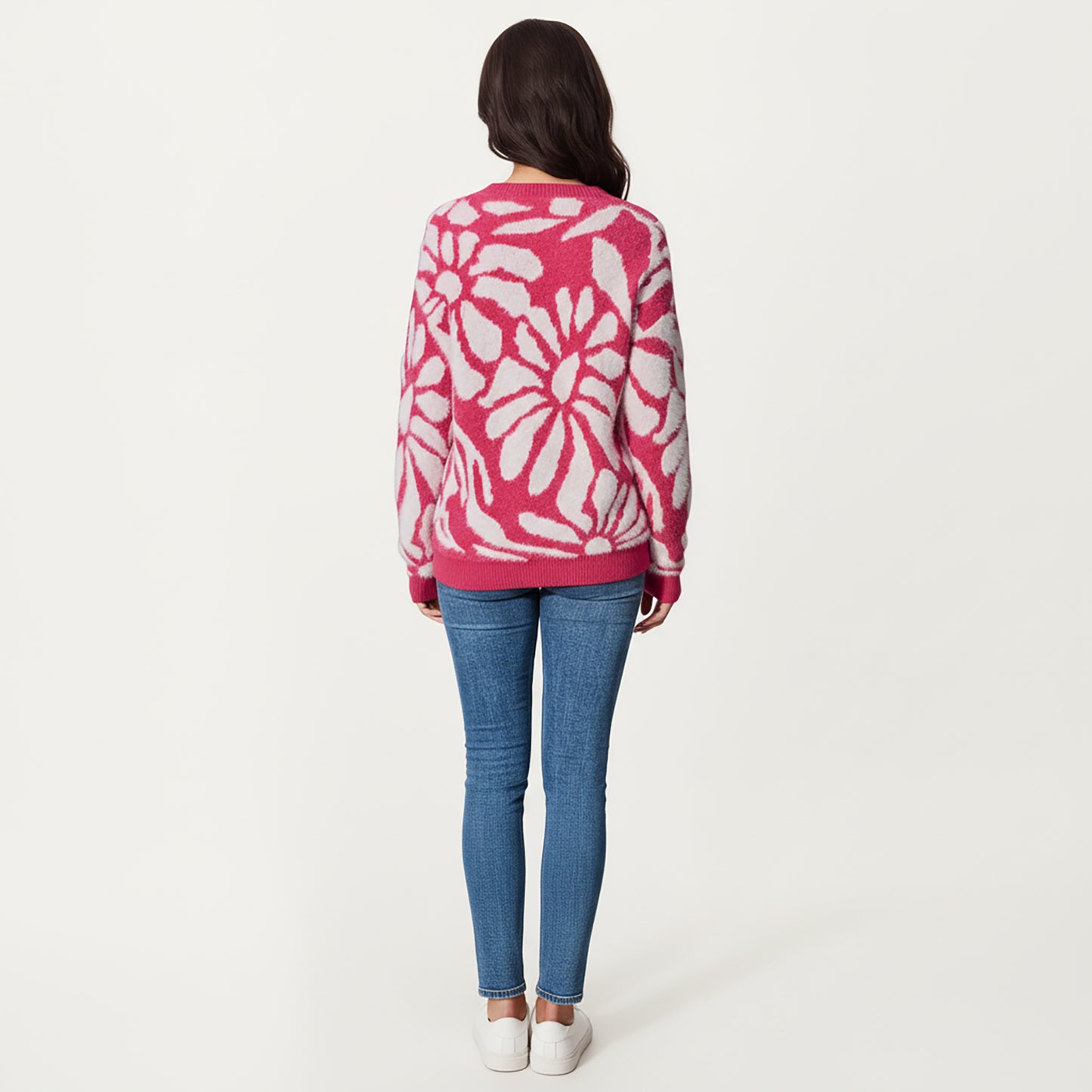 Bold Abstract Floral Pattern Knit Sweater with Soft Textured Feel Ribbed Crew Neckline and Relaxed Silhouette