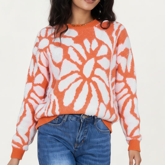 Bold Abstract Floral Pattern Knit Sweater with Soft Textured Feel Ribbed Crew Neckline and Relaxed Silhouette