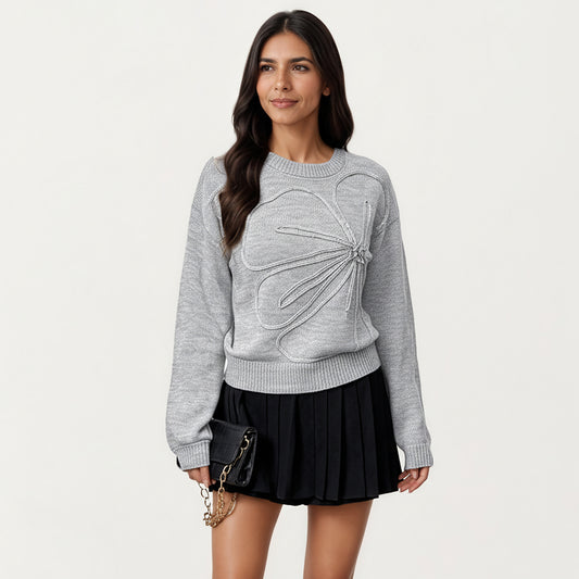 Long Sleeve Knit Top with Dimensional Ribbon Design and Soft Textured Fabric for Stylish Everyday Wear
