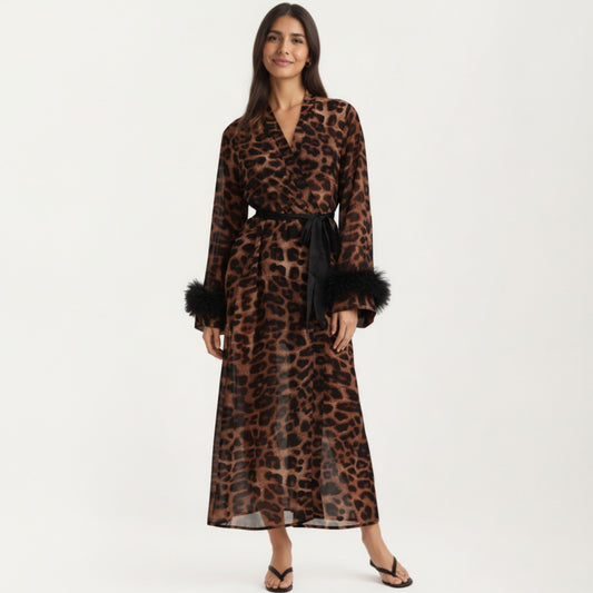 Leopard Print Mesh Robe Dress with Feather Sleeves and Satin Tie Waist in Longline Silhouette