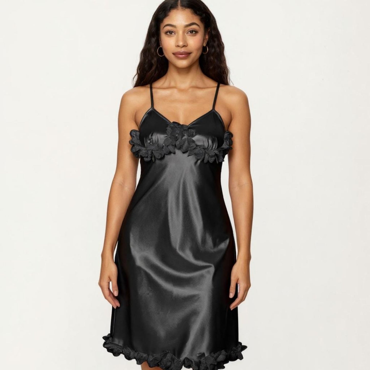 Satin Midi Slip Dress with 3D Floral Trim Bodice and Ruffled Hem Detail for a Soft Sculpted Silhouette