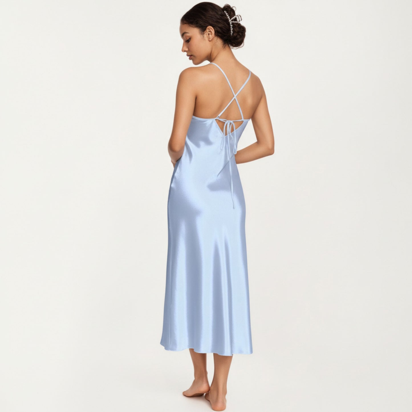 Strapless Midi Slip Dress with Floral Appliqu¨¦ Halter Detail and Sleek Smooth Silhouette