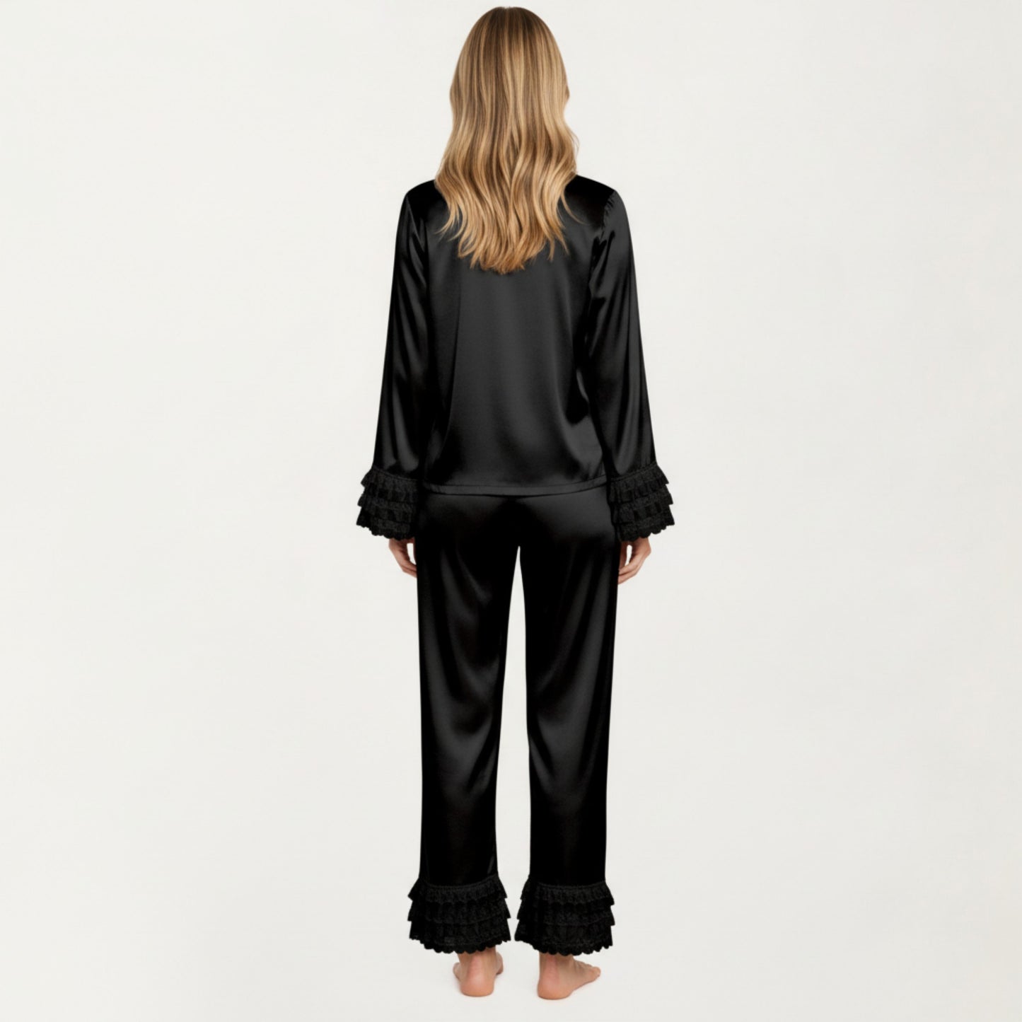 Long Sleeve Pajama Set with Soft Button Front Top and Ruffled Cuff Trim Straight-Leg Pants