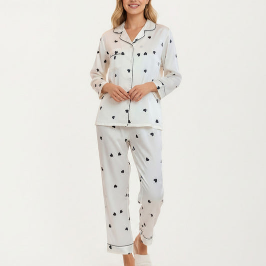 2-Piece Set Satin Heart Print Pajama Top with Contrast Piping Matched with Relaxed Straight-Leg Pants