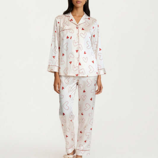 2-Piece Set Heart Print Satin Button Front Pajama Top with Contrast Piping and Matching Relaxed Fit Pants