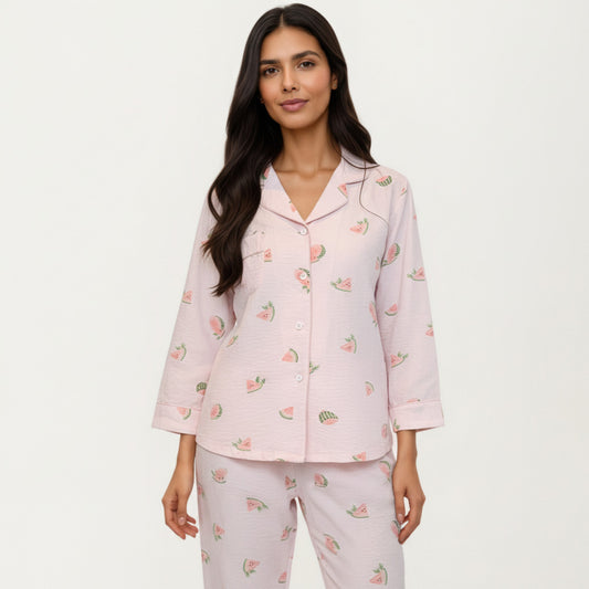 2-Piece Set Heart Print Button Front Pajama Top with Relaxed Long Sleeves and Matching Elastic Waist Pants