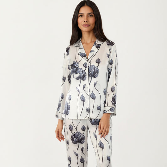 2-Piece Set Floral Satin Button Front Pajama Top with Contrast Piping and Elastic Waist Pants