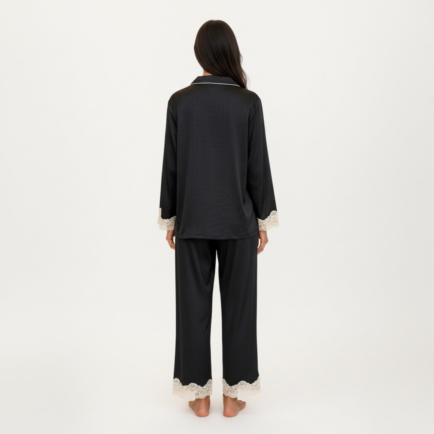 2-Piece Set Satin Button Front Pajama Top with Lace Trim Sleeves and Matching Elastic Waist Pants