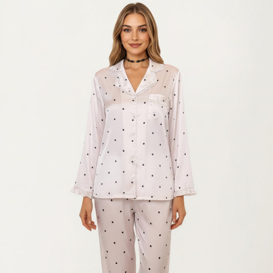 2-Piece Set Polka Dot Satin Button Front Pajama Top with Ruffle Trim and Matching Relaxed Fit Lounge Pants