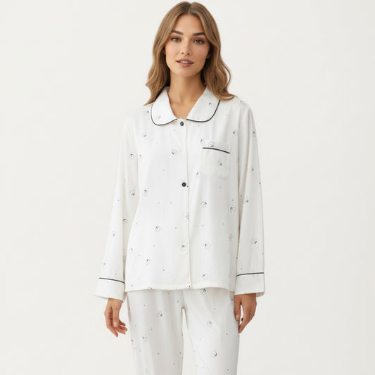 2-Piece Set Printed Button Front Pajama Top with Contrast Piping and Matching Relaxed Fit Lounge Pants