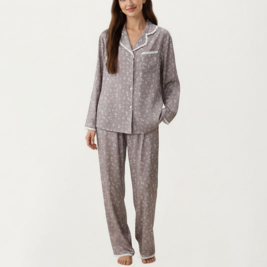 2-Piece Set Floral Print Pajama Top with Button Front and Trim Details Paired with Matching Pants