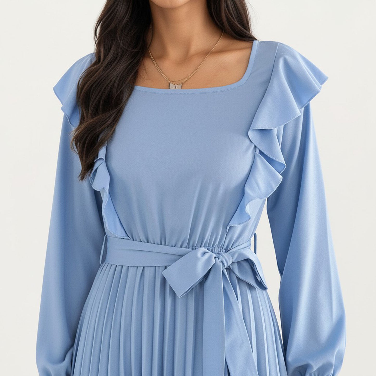 Pleated Dress with Ruffled Shoulders, Waist Tie, and Long Sleeves for a Flattering Feminine Fit