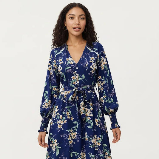 Floral Print Dress with V-Neckline, Long Sleeves, and Waist Tie