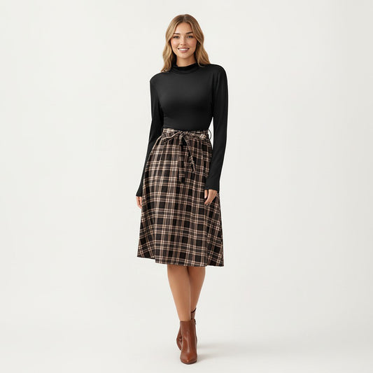 Long Sleeve Turtleneck Plaid Dress with Waist Tie
