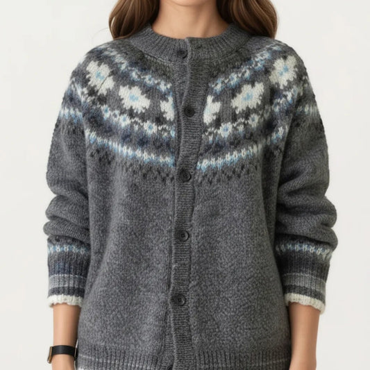 Button Front Knit Cardigan with Crew Neckline and Nordic Inspired Pattern Detail