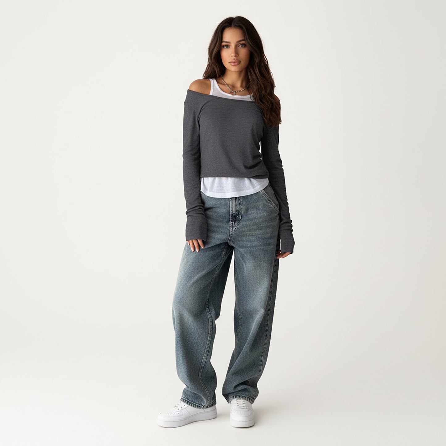 Off Shoulder Long Sleeve Layered Knit Top with Relaxed Fit