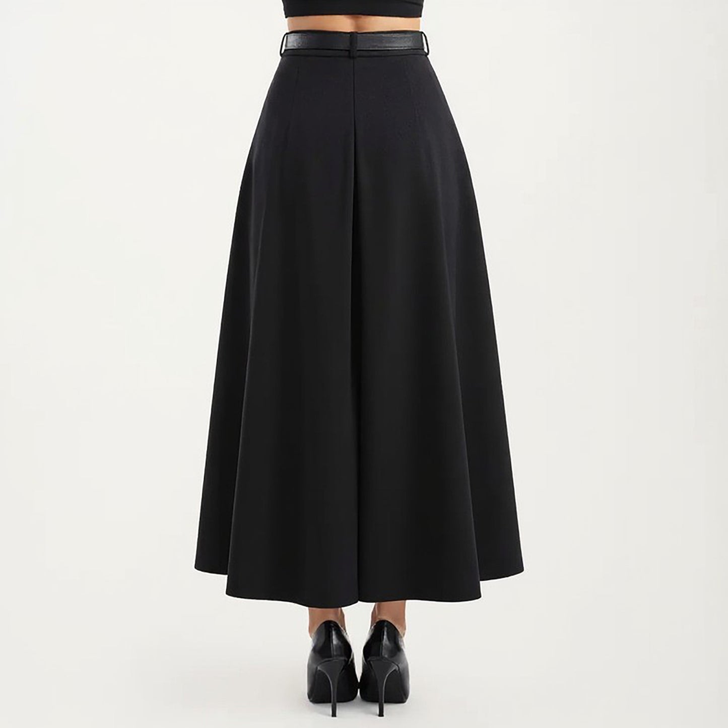 High Waist A-Line Maxi Skirt with Belted Waist and Structured Panels