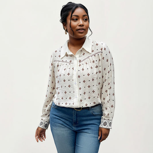 Plus Size Geometric Print Long Sleeve Button Down Shirt with Lace Trim and Relaxed Fit