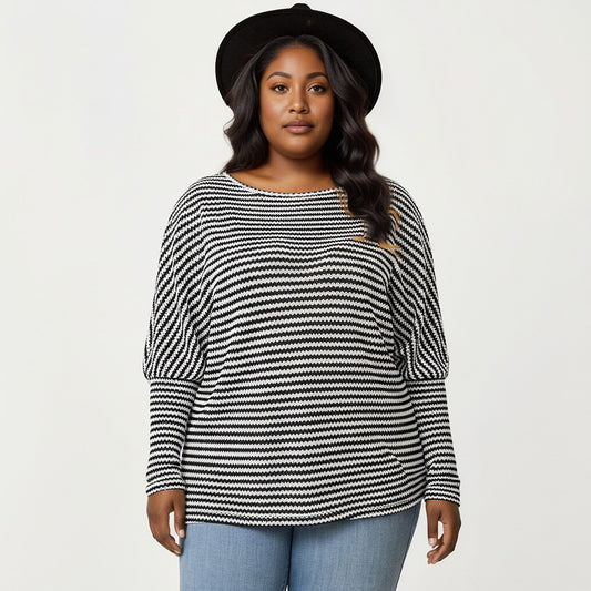 Plus Size Striped Knit Long Sleeve Pullover Top with Drop Shoulder Fit and Soft Fabric