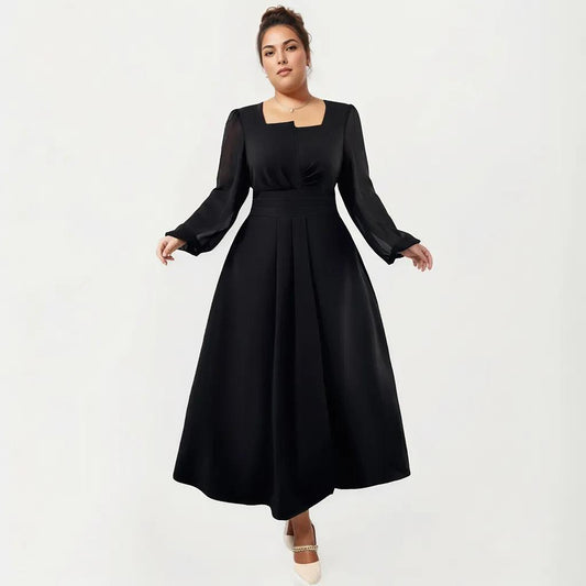 Plus Size Long Sleeve Midi Dress with Pleated Waist Detail and Flowy A Line Silhouette