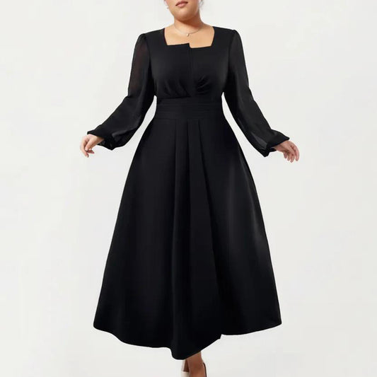 Plus Size Long Sleeve Midi Dress with Pleated Waist Detail and Flowy A Line Silhouette