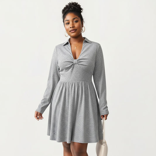 Plus Size Long Sleeve Knit Dress with Collared Neckline Twist Front Detail and Flowy Skirt