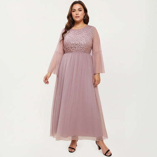 Plus Size Long Sleeve Embroidered Mesh Midi Dress with Flowy Skirt and Defined Waist