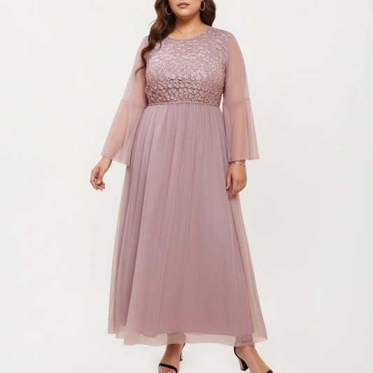 Plus Size Long Sleeve Embroidered Mesh Midi Dress with Flowy Skirt and Defined Waist