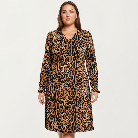 Plus Size Leopard Print Long Sleeve V-Neck Knit Dress with Flattering Straight Silhouette
