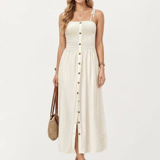 Smocked Bodice Button Front Maxi Dress with Tie Shoulder Straps