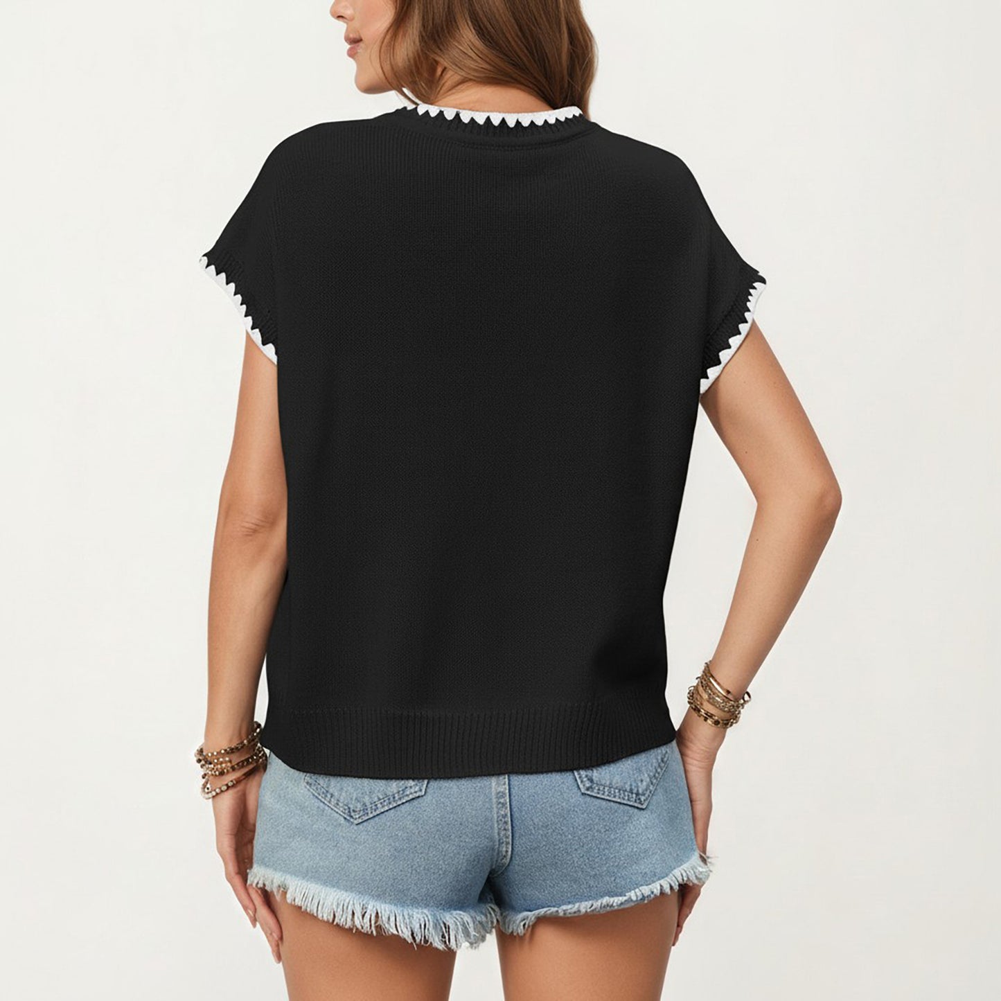 Short Sleeve Knit Top with Contrast Trim Crew Neck and Relaxed Fit