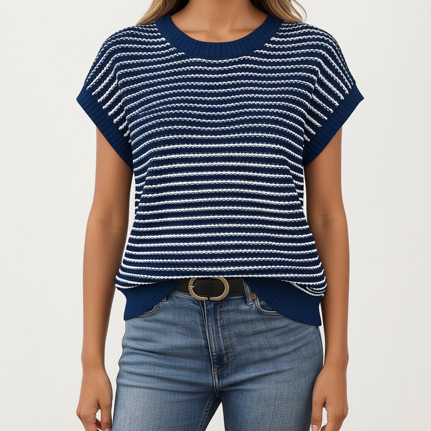 Striped Knit Cap Sleeve Top with Ribbed Trim and Relaxed Fit
