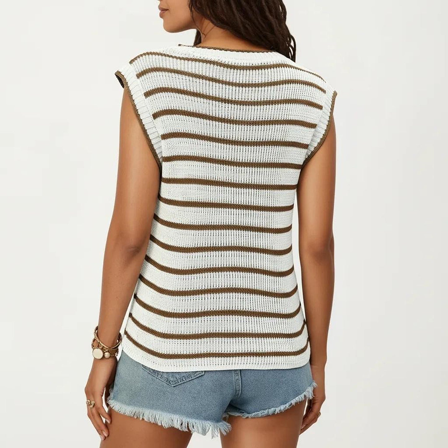 Sleeveless Textured Knit Top with Stripe Pattern