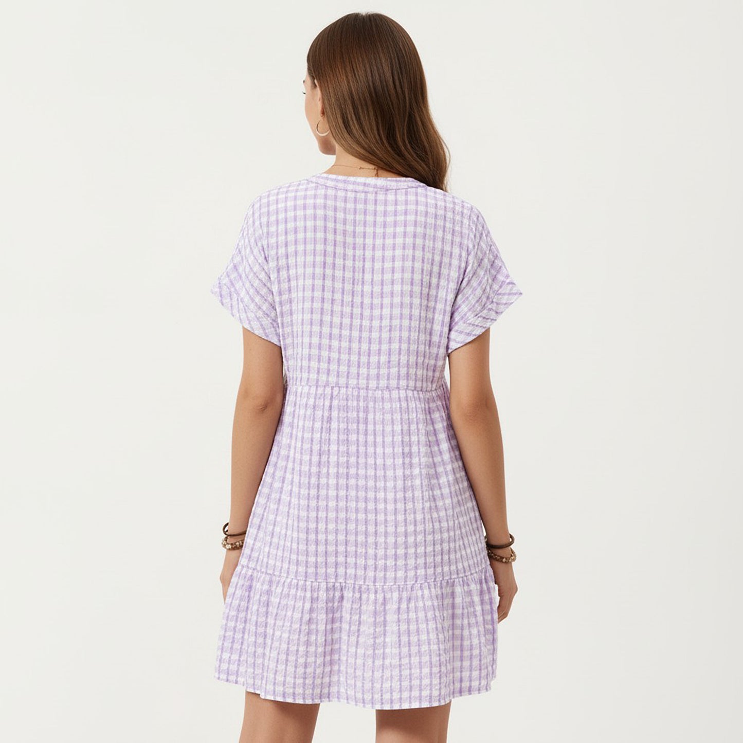 Short Sleeve V Neck Tiered Mini Dress with Gingham Pattern