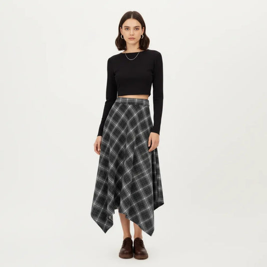 Asymmetrical Plaid Midi Skirt with Handkerchief Hem and Flowy Silhouette