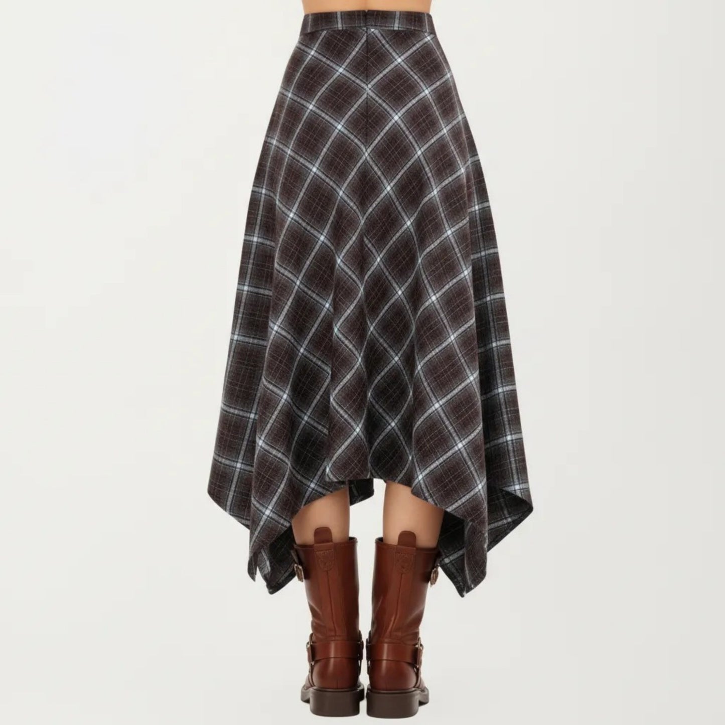Asymmetrical Plaid Midi Skirt with Handkerchief Hem and Flowy Silhouette