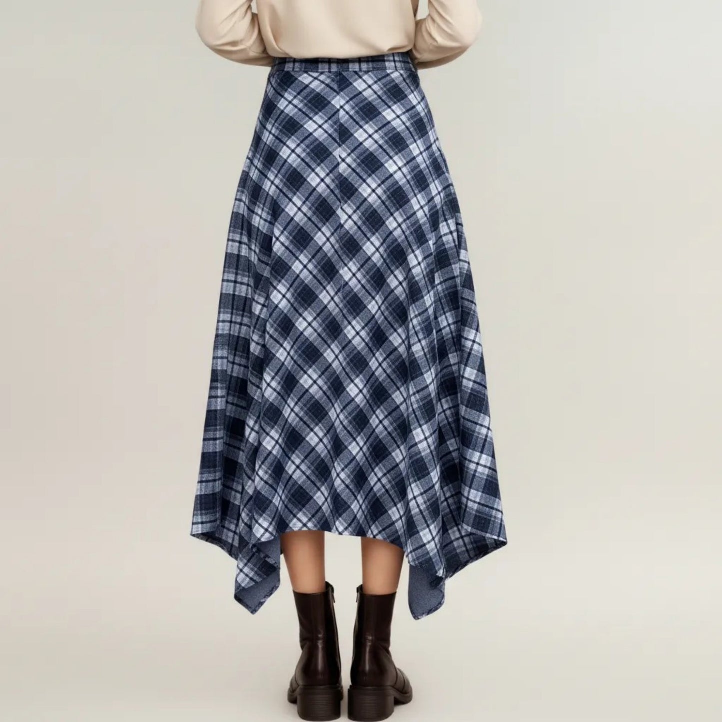 Plaid Midi Skirt with Handkerchief Hem and High Waist Flared Silhouette