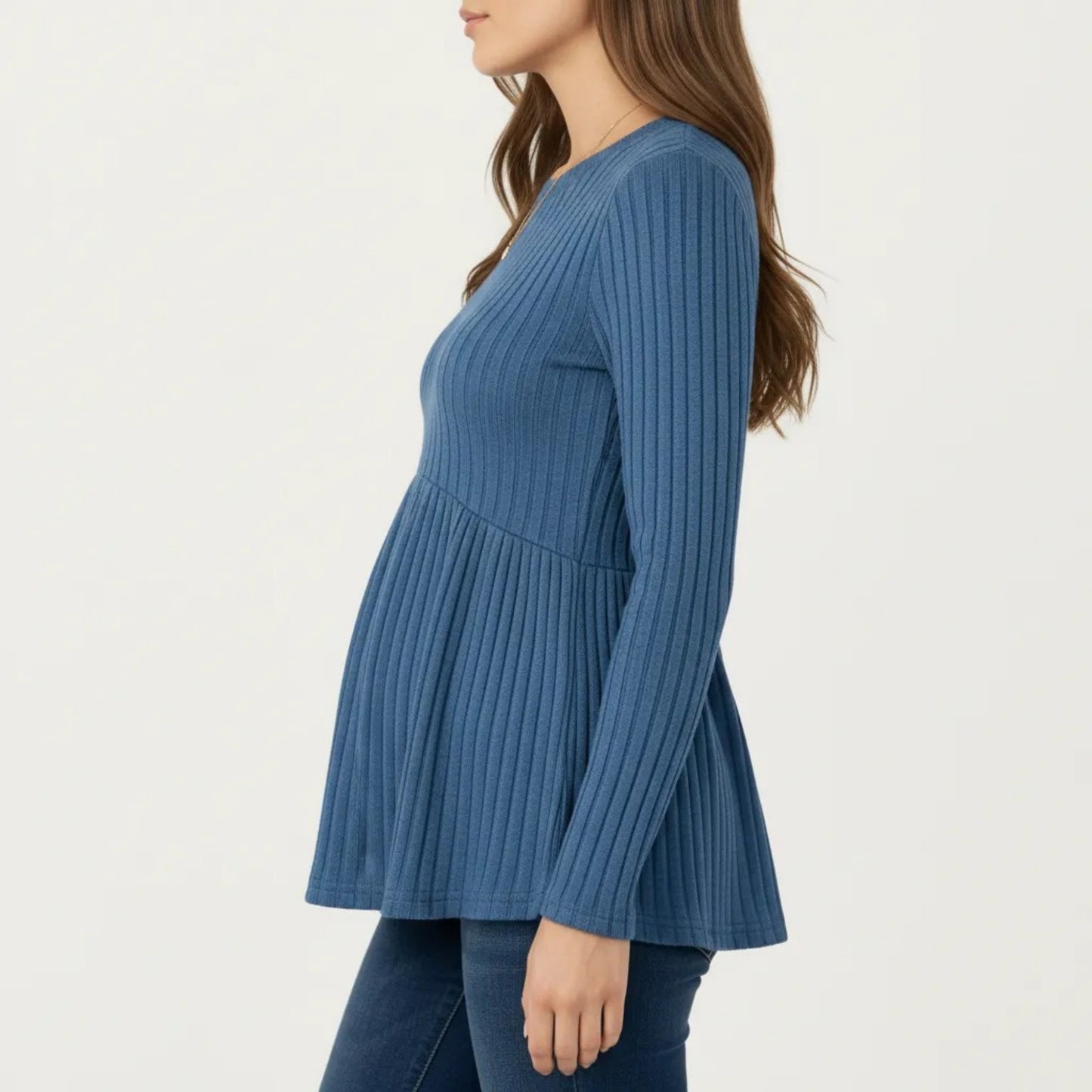 Maternity Long Sleeve Ribbed Knit Top with Crew Neck and Empire Waist
