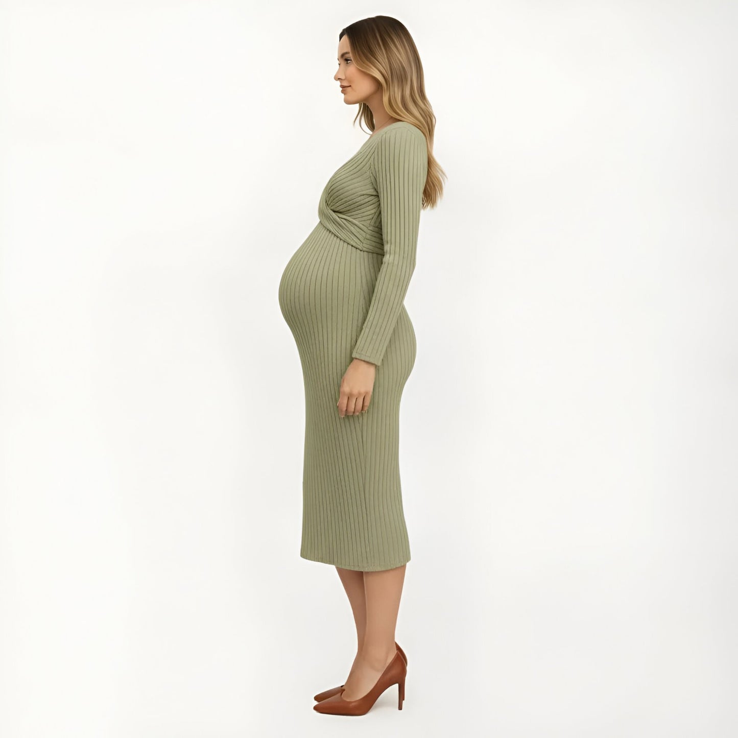 Ribbed Knit Long Sleeve Midi Maternity Dress with Twist Front Detail and Bodycon Silhouette