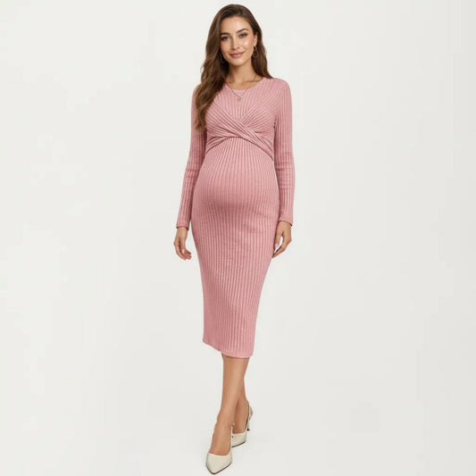 Ribbed Knit Long Sleeve Midi Maternity Dress with Twist Front Detail and Bodycon Silhouette