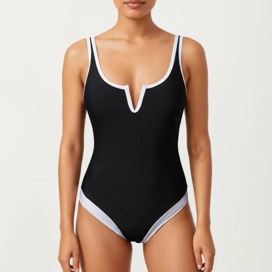 One Piece Swimsuit with Notched Scoop Neck Contrast Trim and Contoured Fit