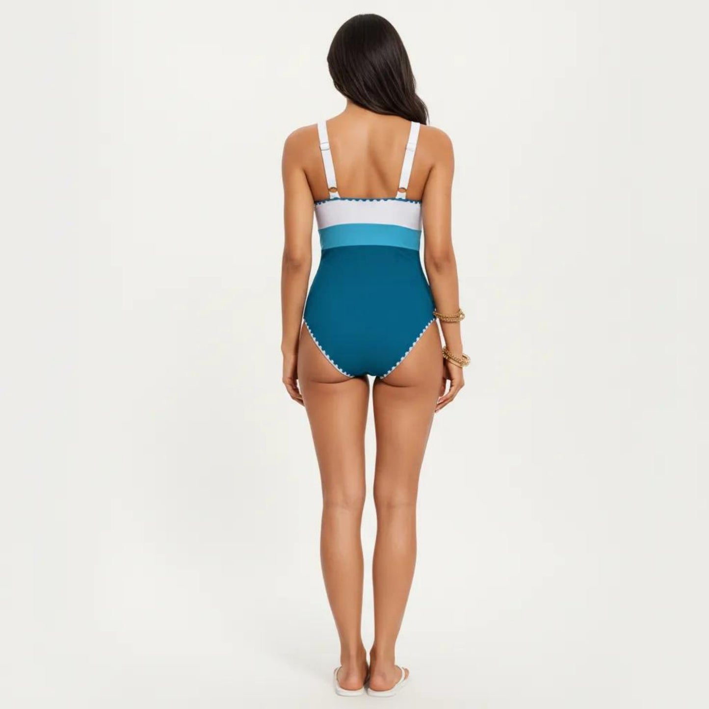 One Piece Swimsuit with Contrast Trim Scoop Neck and Ruched Waist
