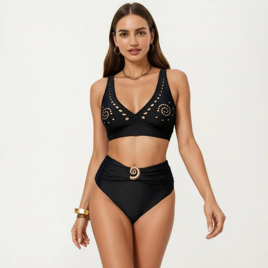 2-Piece Bikini Set with Decorative Stud Bralette Top and High Rise Bottom with Center Hardware